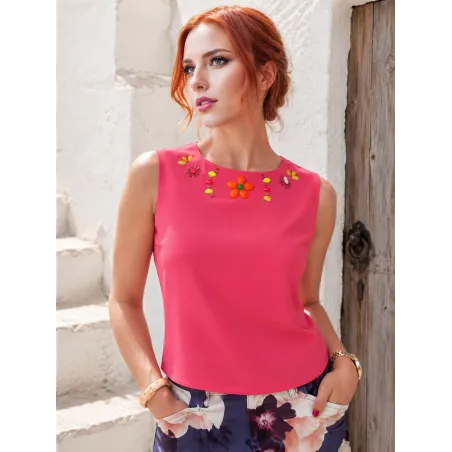 Short Beaded Neckline Top magenta pink sleeveless chiffon top with colourful beaded neckline