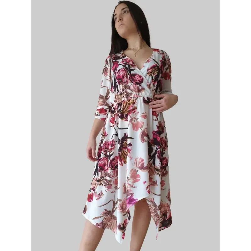 vestido floral asimétrico mujer con escote cruzado y talle alto
