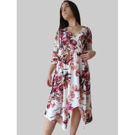 vestido floral asimétrico mujer con escote cruzado y talle alto