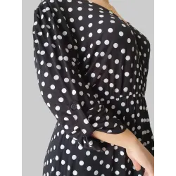 Black polka dot midi dress long sleeve with button tab detail | Midi dresses | Buscarmoda