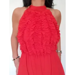 Vestido midi rojo gasa detalle volantes cuerpo halter | Vestidos midi | Buscarmoda