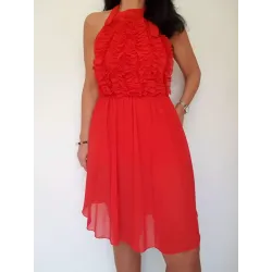Vestido midi rojo gasa vista frontal halter volantes | Vestidos midi | Buscarmoda