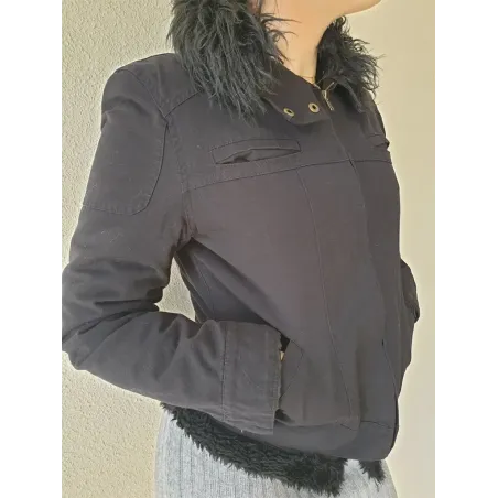 cotton jacket women mid-season with zip, high collar and detachable faux fur, practical and versatile for daily wear