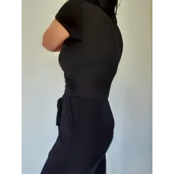 Black long jumpsuit women elastic waist and straight pants back view | Long jumpsuits | Buscarmoda