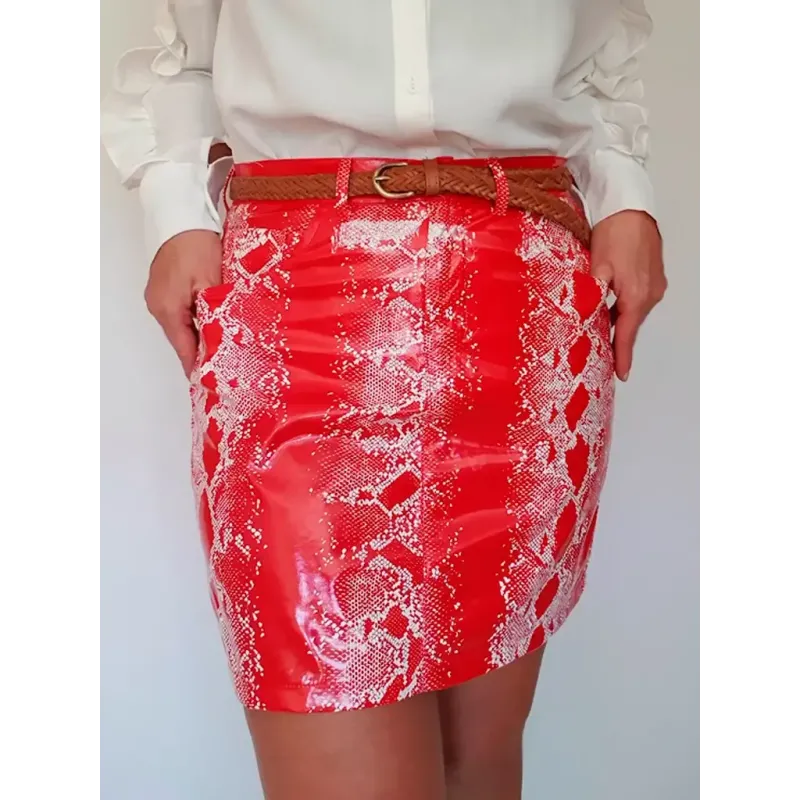 Snake vinyl stretch skirt for women with snakeskin print, zip fly fastening and front pockets