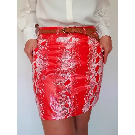 Snake vinyl stretch skirt for women with snakeskin print, zip fly fastening and front pockets