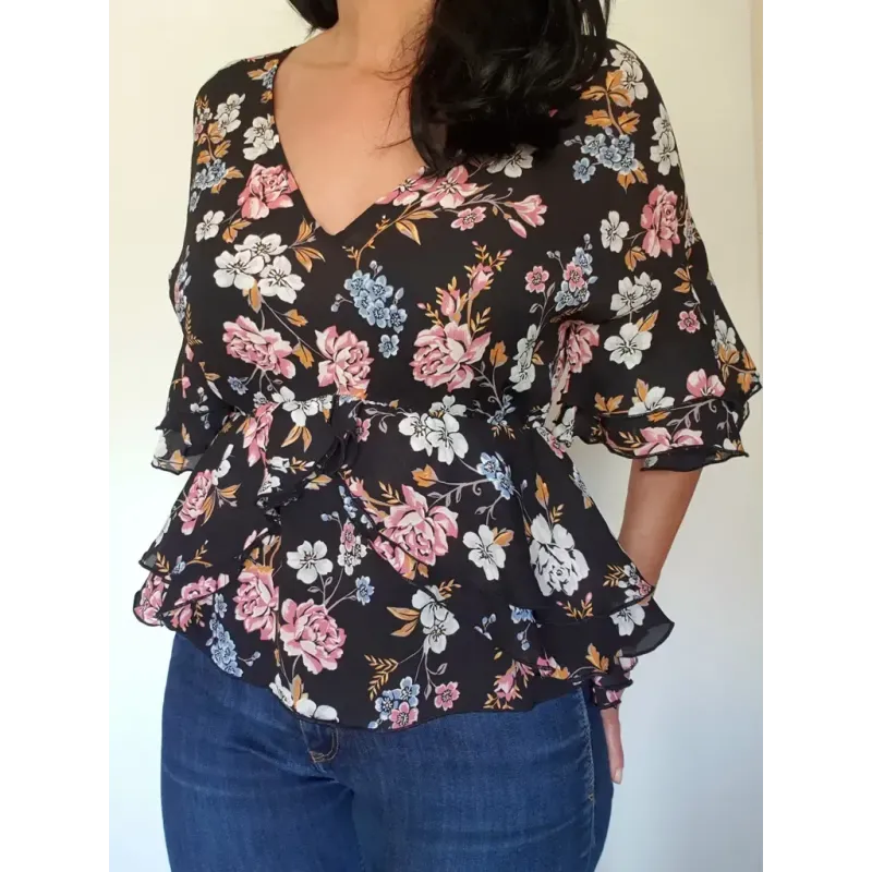 Floral Blouse Top with Ruffles  - 1
