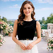 Vestido corto invitada boda blanco y negro con falda de plumas