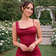 Vestido largo color cereza para invitada de boda con tirantes asimétricos